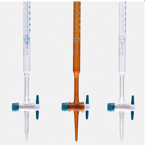 Бюретка прямая, прозрачная, кран PTFE, класс AS, сертификация соответствия, синяя шкала, с полосой Шелбаха, 25 мл, Isolab